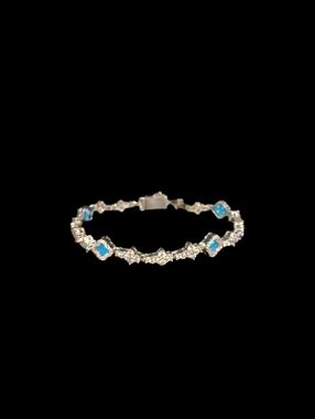 Iced Out Silver Tone Tennis Bracelet Blue Stone Clover Style Bling ✨